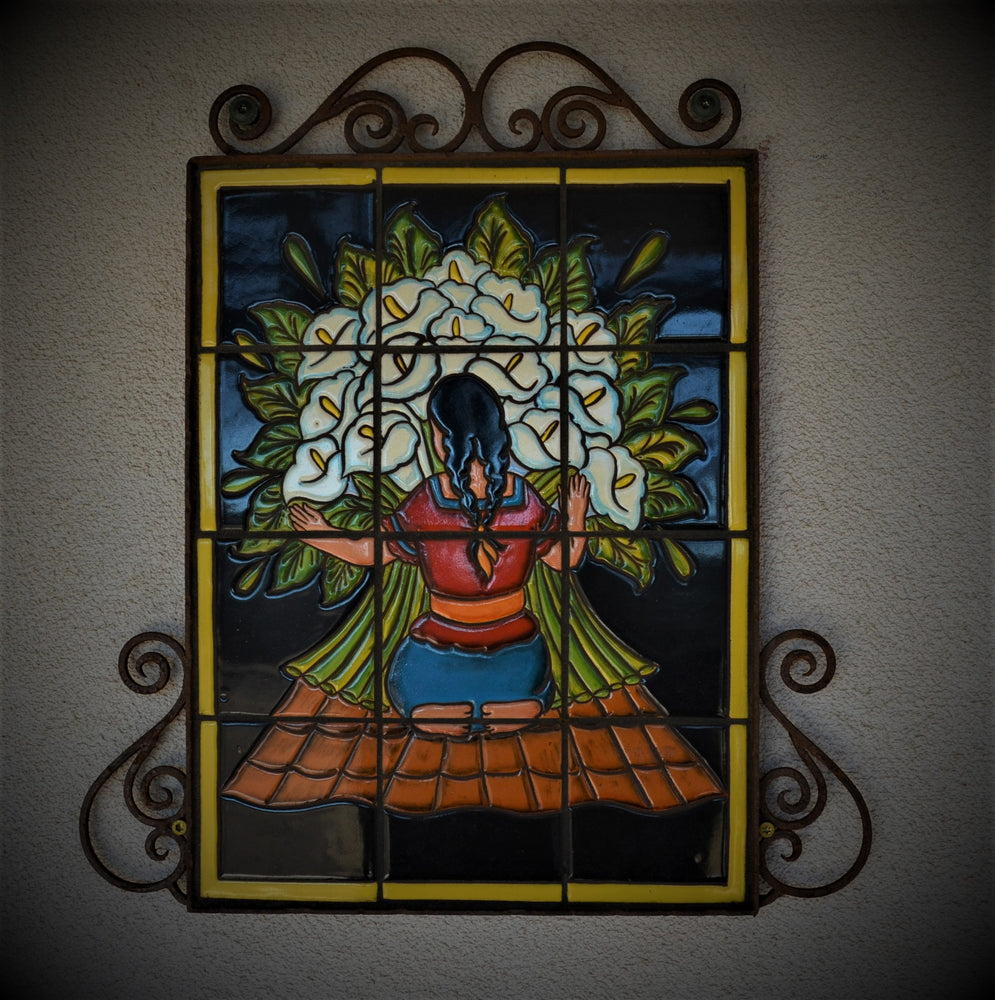 Diego Rivera Style Tile Frieze In Iron Frame